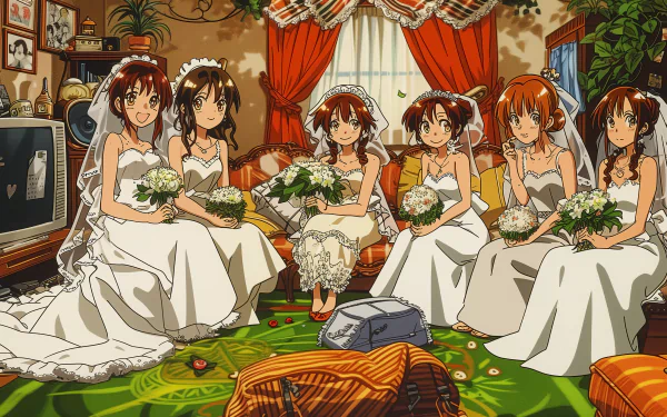 Anime bridal shower theme HD wallpaper featuring multiple animated characters dressed in elegant wedding attire, sitting in a beautifully decorated room.