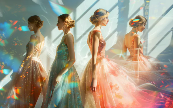 Elegant bridesmaids in sparkling dresses, posing for an HD desktop wallpaper with a vibrant, ethereal background.
