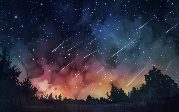 HD wallpaper of a meteor shower illuminating the night sky over a silhouette of trees.