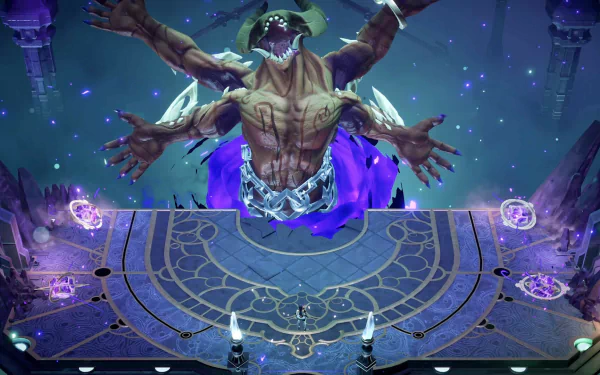 HD wallpaper from Lysfanga: The Time Shift Warrior video game, featuring a powerful warrior character in a dynamic pose within an otherworldly, mystic arena setting.