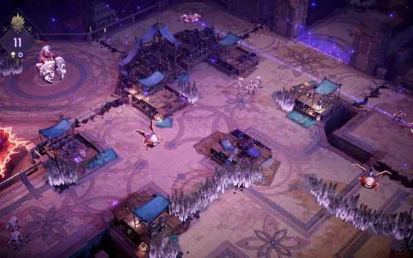 HD desktop wallpaper of Lysfanga: The Time Shift Warrior video game showing a strategic view of a fantasy battle arena with mystical structures and characters.