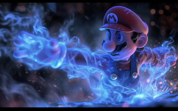 HD Mario desktop wallpaper featuring the iconic character with blue magical effects.
