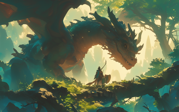 Fantasy HD desktop wallpaper featuring a majestic dragon and a warrior in a mystical forest background.