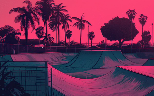A vibrant skate park scene at dusk, framed by palm trees and glowing in shades of pink and purple, creates an eye-catching HD desktop wallpaper.