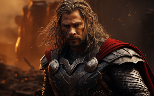 HD wallpaper of Thor from Marvel Comics with a dramatic battle background.