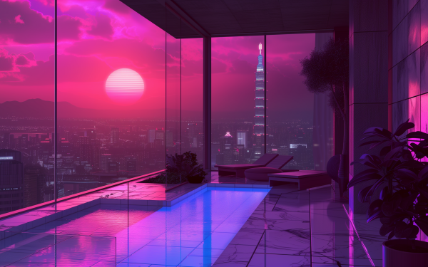 Aesthetic HD wallpaper featuring a luxurious indoor pool with a stunning sunset cityscape view.