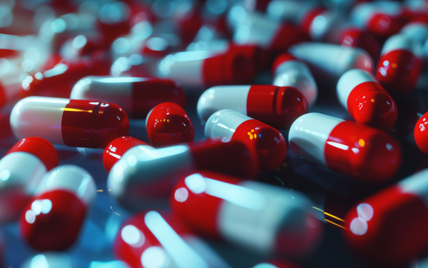 HD wallpaper of red and white medicine capsules scattered in high detail for a healthcare-themed background