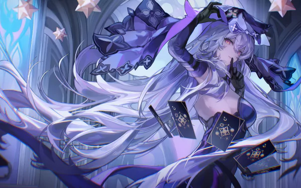 HD wallpaper of the character Black Swan from Honkai: Star Rail, showcasing the character in a dynamic pose with playing cards, set against a starry backdrop.