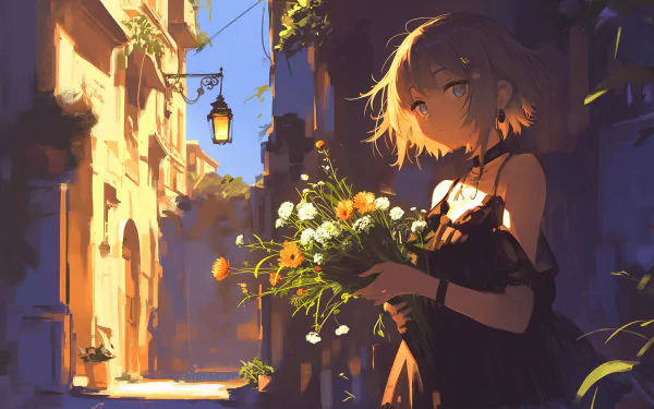 Anime girl in a black dress holding a bouquet of flowers stands in a sunlit alley, captured in vibrant HD detail for a PC desktop wallpaper background.