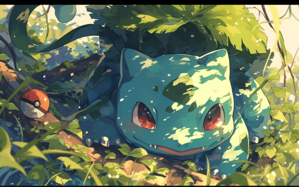 HD desktop wallpaper featuring Bulbasaur, a Pokémon, peeking through foliage with a Poké Ball in the background.