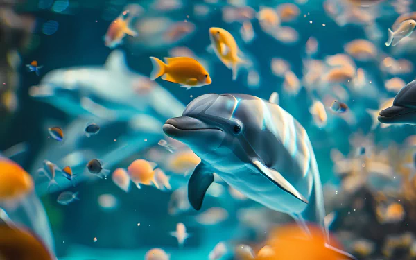 HD wallpaper of a dolphin among colorful tropical fish in an aquarium setting.
