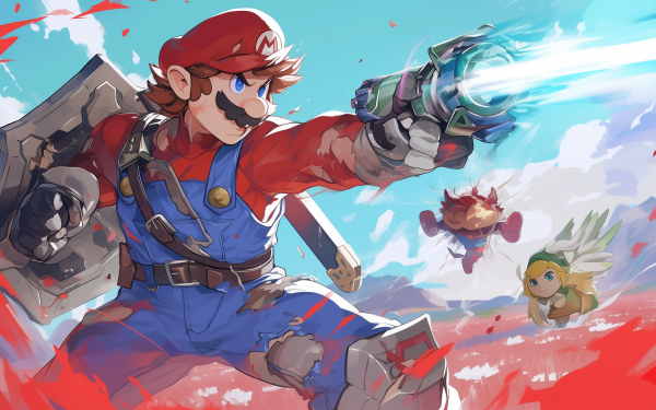 HD desktop wallpaper featuring Mario from Super Smash Bros. in dynamic battle stance with colorful background.