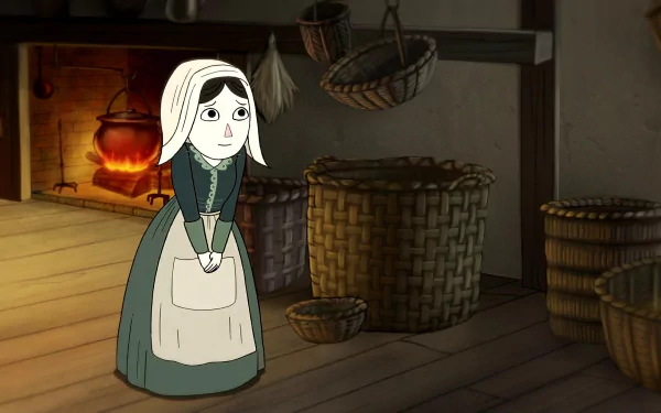 HD wallpaper featuring a character from the TV show Over the Garden Wall, standing in a rustic room with a fireplace and baskets.