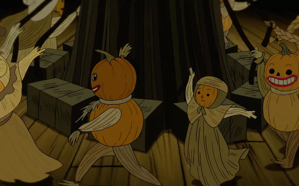 Over the Garden Wall characters dancing in a Halloween-themed scene wallpaper.