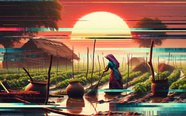HD desktop wallpaper of a farmer in a flooded field at sunrise with a glitch art effect.