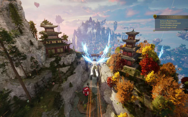 HD desktop wallpaper featuring a scenic view from the video game Islands of Insight, depicting traditional architecture on cliff sides with a bridge leading towards a mystical castle in the distance.