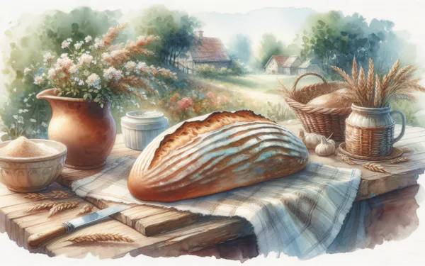 An HD desktop wallpaper depicting a pastoral scene with a freshly baked loaf of sourdough bread on a checked cloth, along with wheat stalks, a clay pot, and a bowl, evoking a tranquil countryside atmosphere.
