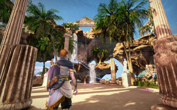 HD desktop wallpaper of Islands of Insight video game featuring a character observing a breathtaking ancient ruins landscape with a cascading waterfall.