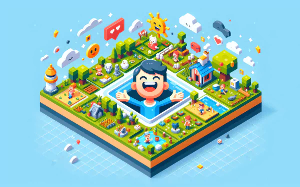 Happy animated character in a vibrant isometric city HD desktop wallpaper.