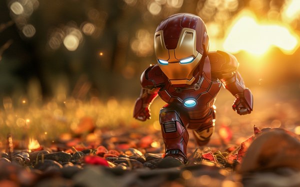 Chibi Iron Man superhero in a dynamic pose against a sunset background, ideal for HD desktop wallpaper.