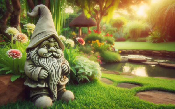 HD wallpaper of a charming garden gnome in a serene garden with lush greenery and flowers at sunset.