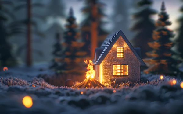A cozy cabin with lit windows is nestled in a snowy landscape at twilight, with a warm bonfire glowing in the foreground, all depicted in a high-definition desktop wallpaper.