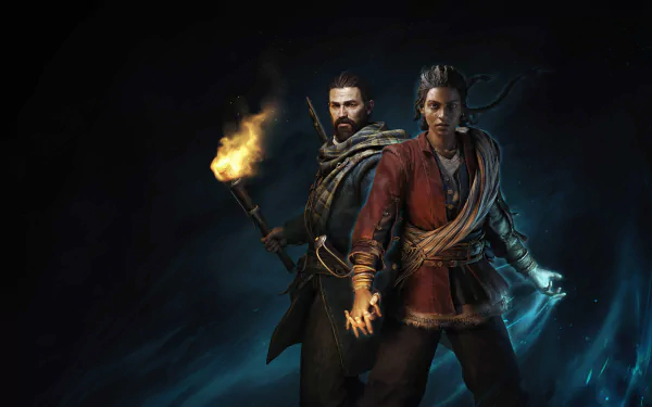 HD wallpaper of two characters from the video game Banishers: Ghosts of New Eden, with a dark, mystical background, featuring a man holding a torch and a woman with a glowing effect around her.