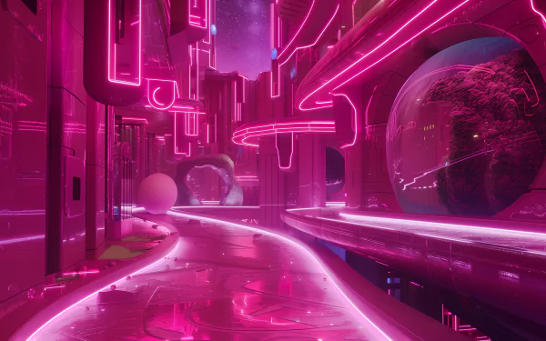HD wallpaper featuring a pink sci-fi cityscape with futuristic elements and neon lights for a desktop background with an aesthetic pink vibe.