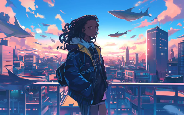 HD anime wallpaper featuring a black anime girl with a stunning cityscape and flying whales at sunset in the background.