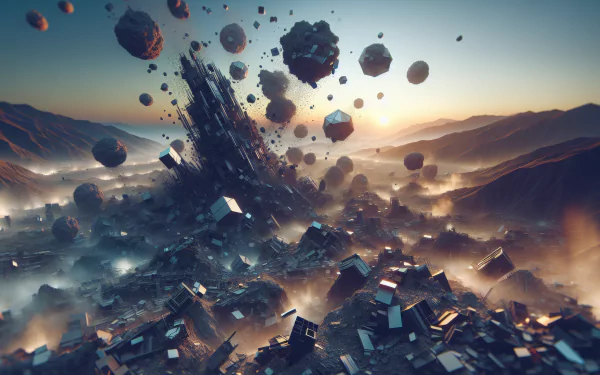 HD desktop wallpaper of a dramatic earthquake scene with buildings crumbling and debris suspended in the air, set against a backdrop of mountains and a dusk sky.