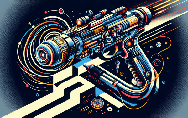 HD desktop wallpaper featuring a stylized illustration of a futuristic laser gun with vibrant colors and intricate patterns.