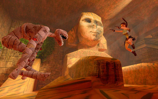 HD Wallpaper of Tomb Raider I-III Remastered featuring the iconic character leaping in action against a mystical creature in an ancient Egyptian setting.