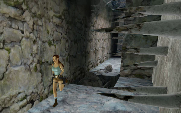 HD wallpaper of Tomb Raider I–III Remastered featuring the iconic protagonist exploring ancient ruins with stone staircases and cobwebs.