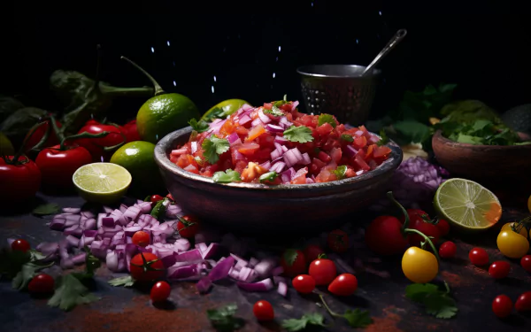 Fresh homemade salsa in a bowl surrounded by ingredients on a dark background - HD food wallpaper.