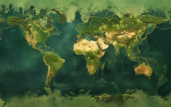 High-definition world map desktop wallpaper with a textured, artistic background design.