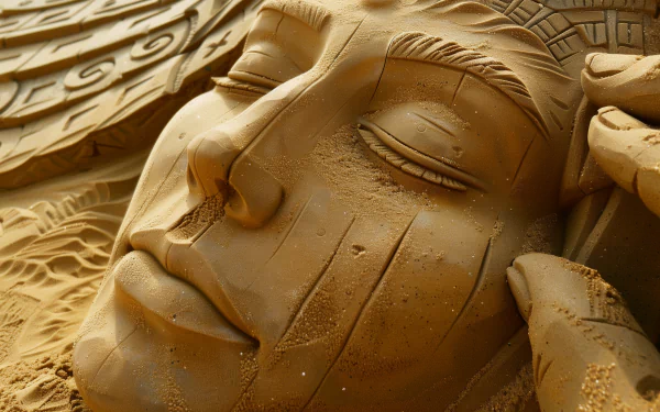 HD desktop wallpaper featuring detailed sand art of a serene face, exemplifying masterful sculpting skills.