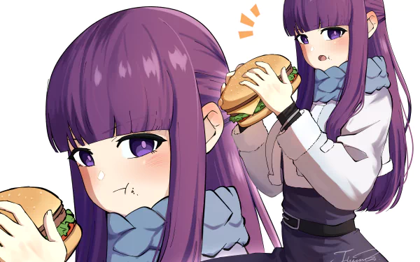 Anime-style 4K Ultra HD PC wallpaper featuring Fern from Frieren: Beyond Journey’s End eating a hamburger, set against a clean white background.