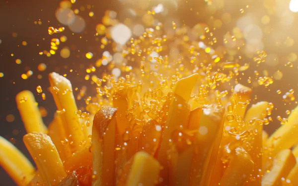 HD wallpaper of golden french fries with sparkling oil droplets, embodying enticing junk food for desktop background.
