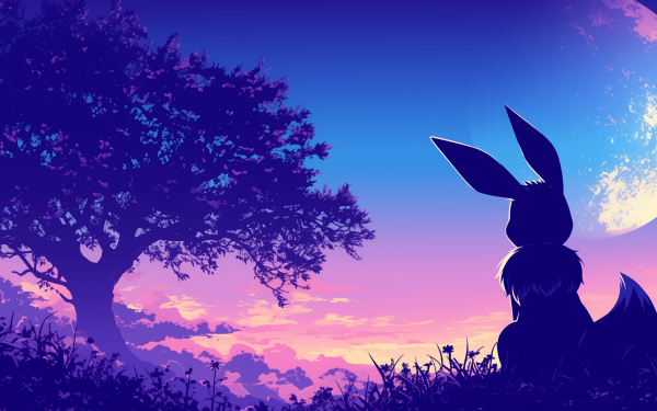 Silhouette of Eevee from Pokémon against a vibrant twilight sky, ideal for HD desktop wallpaper and background.