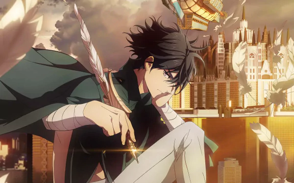 HD wallpaper from The Kingdoms of Ruin anime featuring a brooding character with a feathered arrow, set against a fantastical cityscape background.