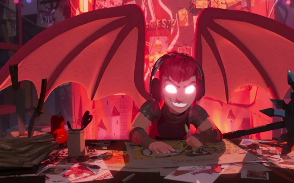 HD desktop wallpaper featuring a character from the movie Nimona with glowing eyes and wings, plotting over a desk in a dimly lit room.