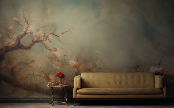 Elegant HD desktop wallpaper featuring a vintage room with a tan leather couch and a classic side table against an artistic mural wall with flowering branches.