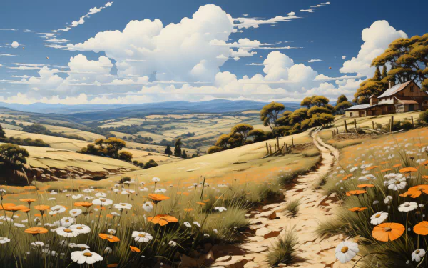 Sunny landscape HD wallpaper featuring a scenic countryside view with rolling hills, a pathway, vibrant wildflowers, and fluffy clouds against a clear blue sky.