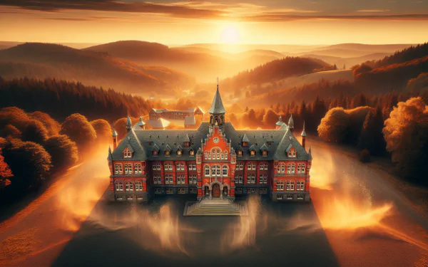 Majestic traditional school building set amidst golden-hued autumn forest at sunrise, HD education-themed desktop wallpaper.
