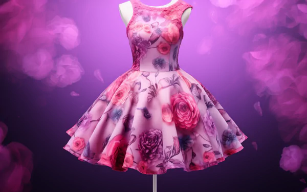 A vibrant floral dress in shades of pink and purple, displayed on a mannequin against a soft, blurred purple background, making an eye-catching HD desktop wallpaper.