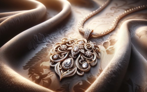 Elegant HD wallpaper of a close-up intricate gold necklace with diamonds on a luxurious satin fabric.