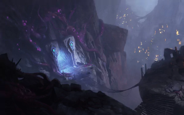 HD wallpaper of a mystical cave scene from the video game Last Epoch, featuring eerie purple lighting and ancient structures.