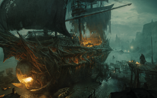 HD desktop wallpaper featuring a pirate ship from the video game Last Epoch, set against a moody, atmospheric backdrop.