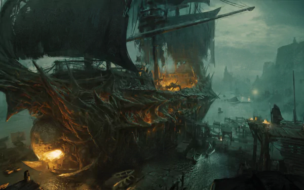 HD desktop wallpaper featuring a pirate ship from the video game Last Epoch, set against a moody, atmospheric backdrop.