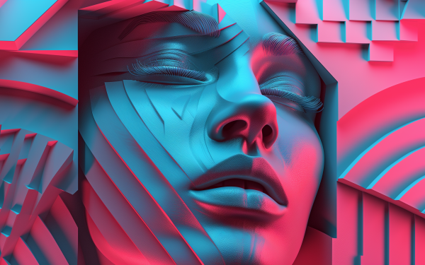 Artistic HD wallpaper of a woman's face with abstract geometric background.